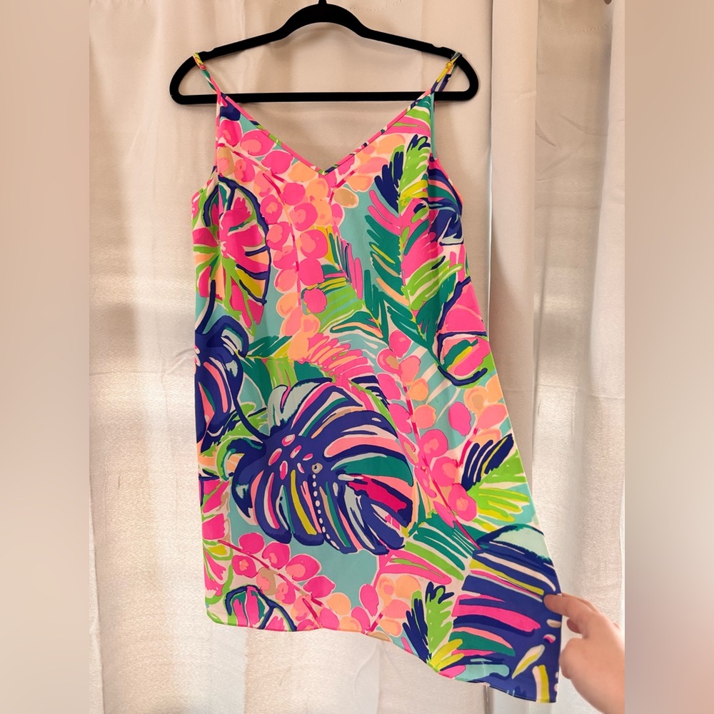 LILLY PULITZER Lela Silk Spaghetti Strap Dress, V-Neck in Exotic Garden Print
